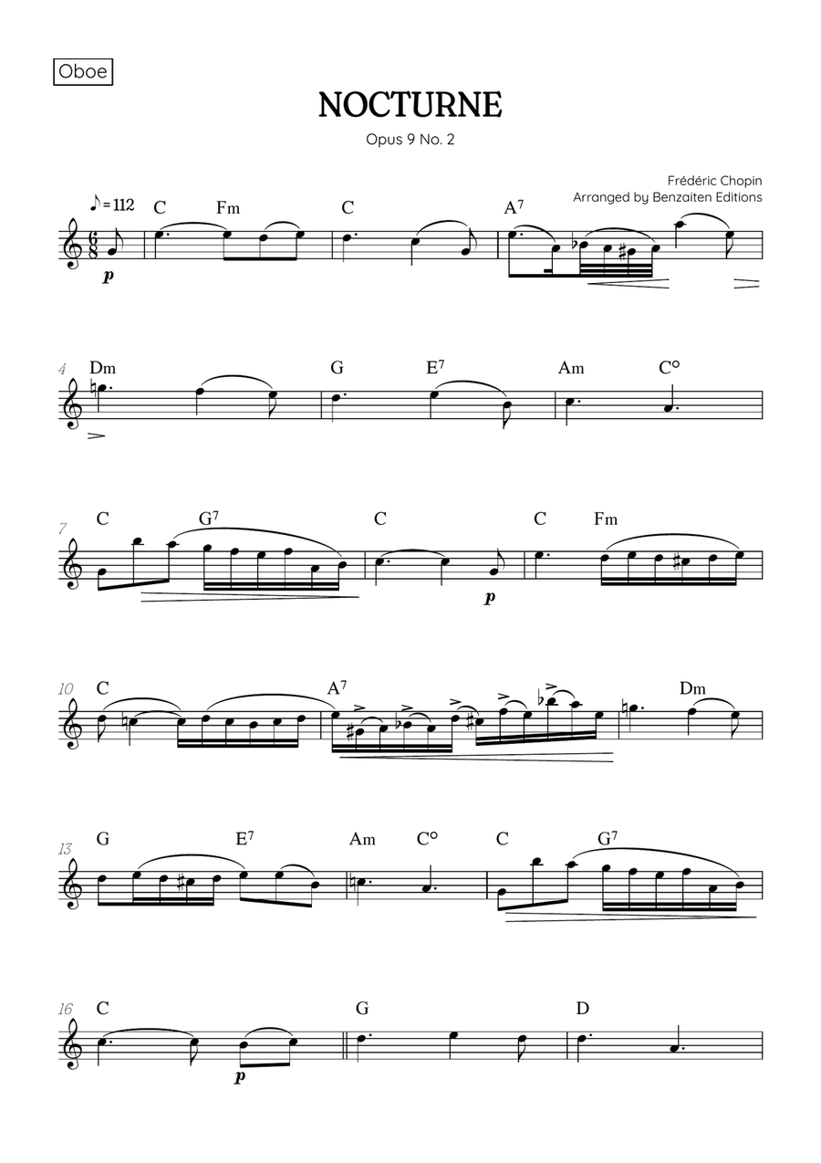 Chopin • Nocturne Opus 9 No. 2 | oboe sheet music (chords) Oboe Solo scores gallery preview page 1