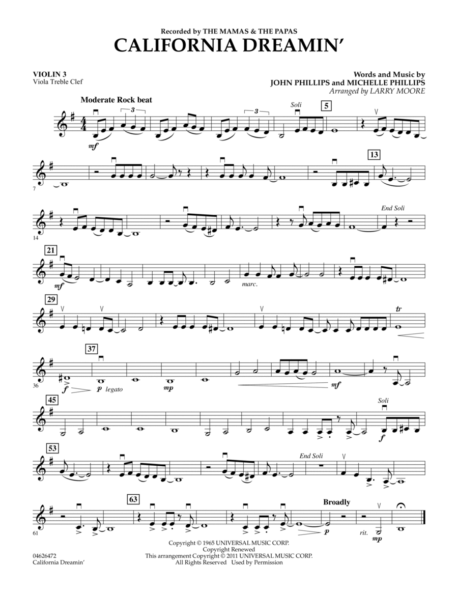 California Dreamin' - Violin 3 (Viola Treble Clef)
