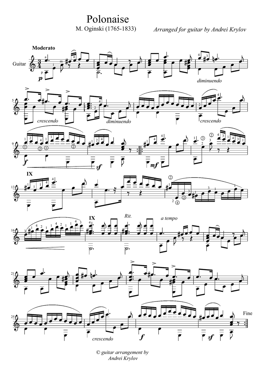 Polonaise 'Pożegnanie Ojczyzny' (Ogiński, Michał Kleofas), arrangement for classical guitar by An Acoustic Guitar scores gallery preview page 1