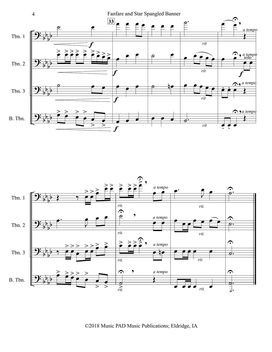 Star Spangled Banner (National Anthem of the United States) with Fanfare (Trombone Quartet) Trombone Quartet scores gallery preview page 4