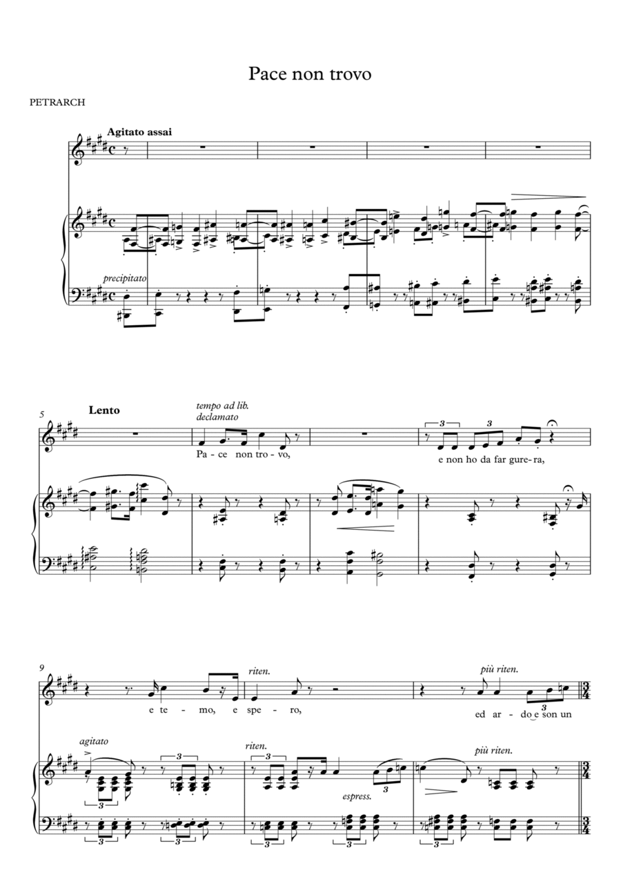 Tre Sonetti di Petrarca, Pace non trovo, E major, medium voice Medium Voice scores gallery preview page 1