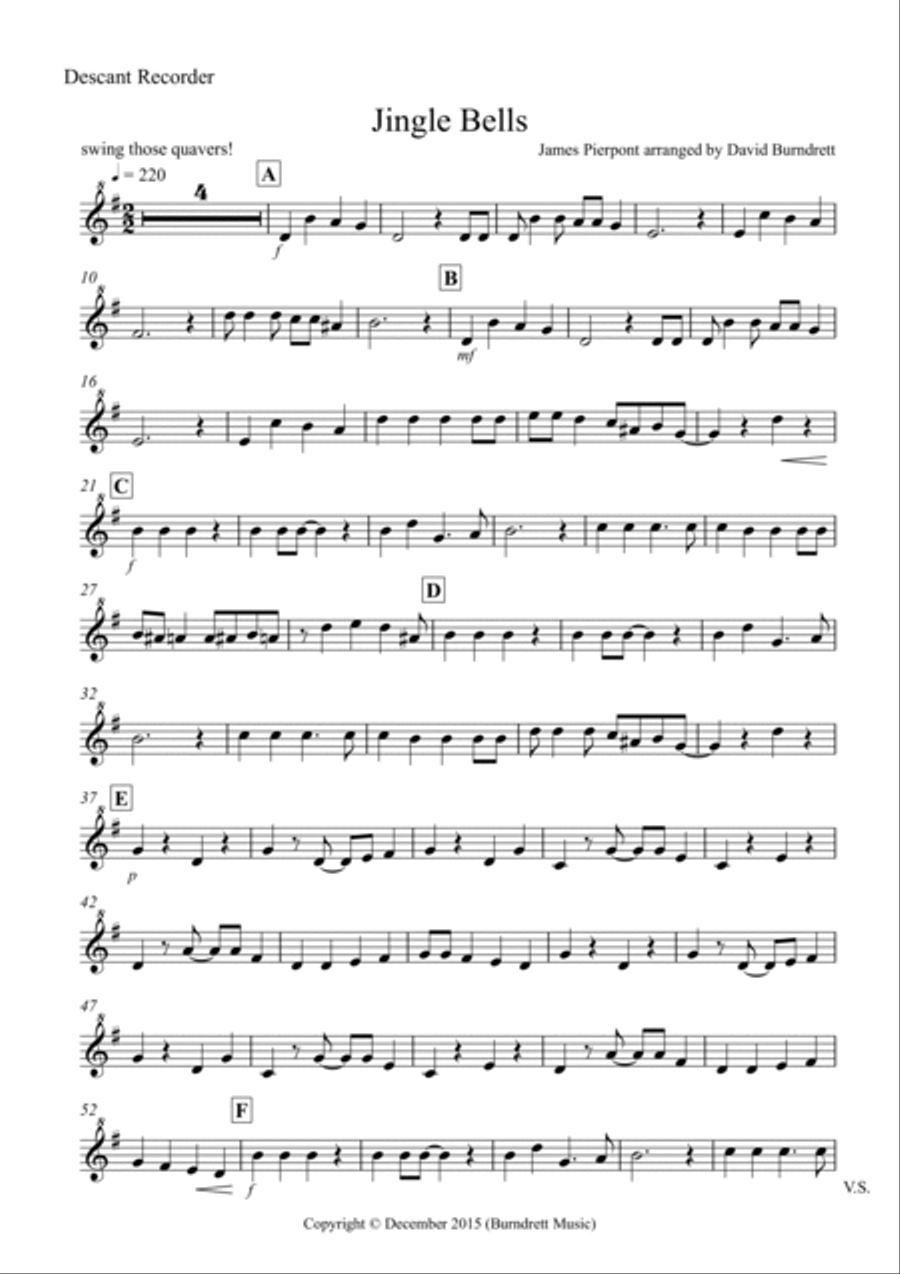 Jingle Bells (Jazzy Style!) for Descant and Tenor Recorder Duet Small Ensemble scores gallery preview page 5
