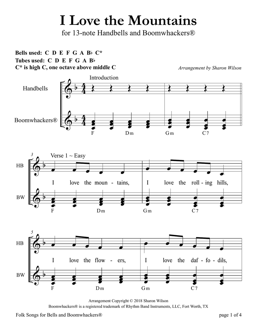 I Love the Mountains (for 13-note Bells and Boomwhackers with Black and White Notes) Handbell Choir scores gallery preview page 5