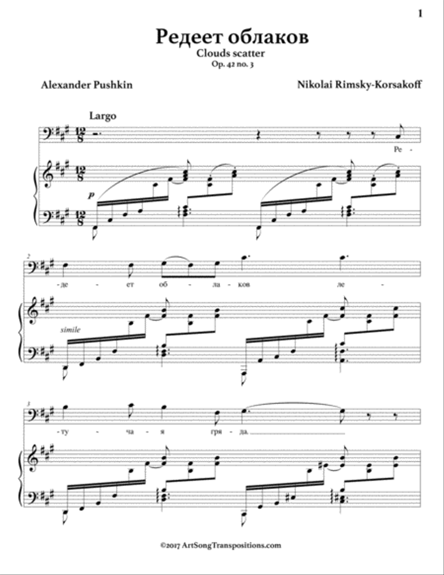 RIMSKY-KORSAKOFF: Редеет облаков, Op. 42 no. 3 (transposed to F-sharp minor, bass clef) Voice scores gallery preview page 2