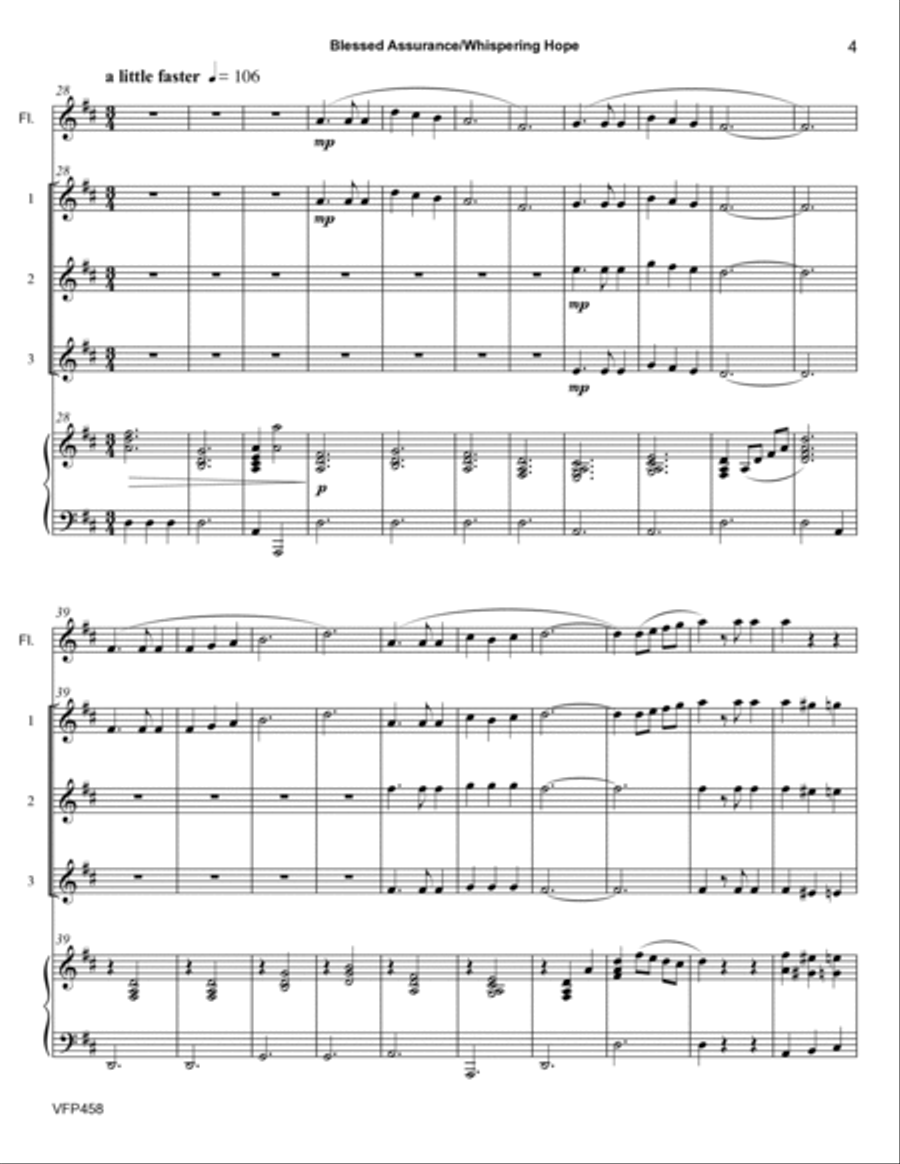 BLESSED ASSURANCE with WHISPERING HOPE - 3 Violins & Flute with Piano Accompaniment Small Ensemble scores gallery preview page 4