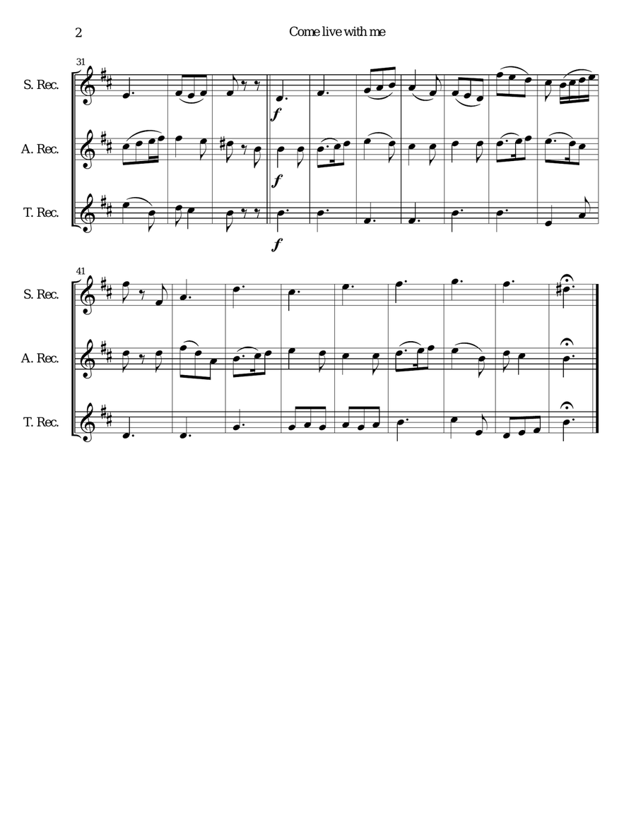 Come live with me for recorder trio (soprano, alto, tenor) Soprano Recorder scores gallery preview page 2