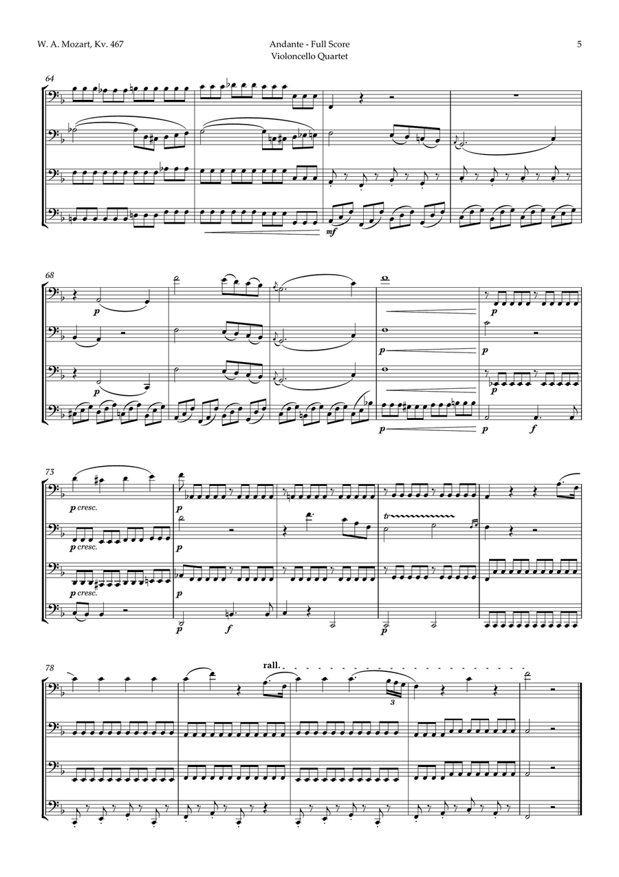 Andante from Piano Concerto No. 21 by Mozart for Cello Quartet String Quartet scores gallery preview page 5