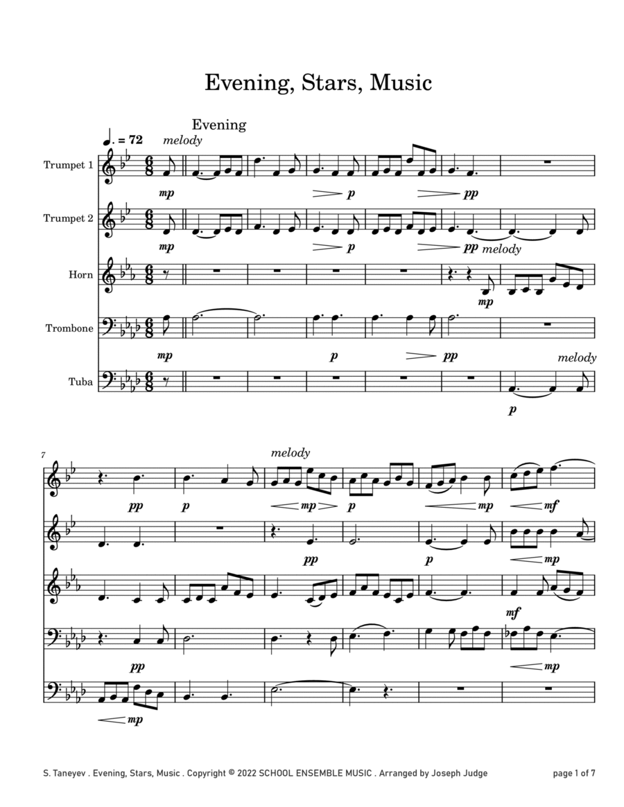 Evening Stars Music by Taneyev for Brass Quintet in Schools Brass Quintet scores gallery preview page 1