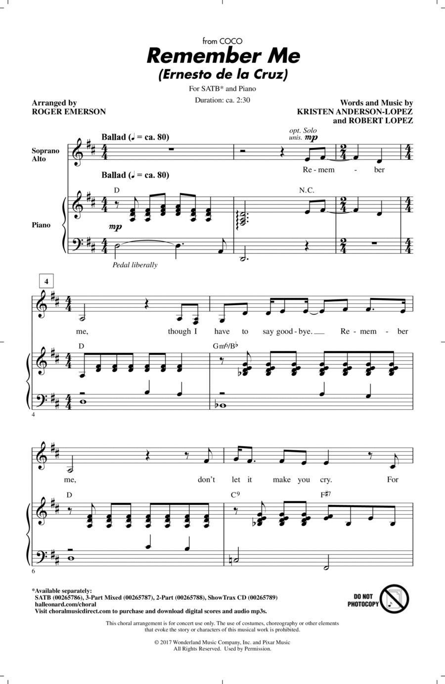 Remember Me (Ernesto de la Cruz) (from Coco) (arr. Roger Emerson) 4-Part scores gallery preview page 1