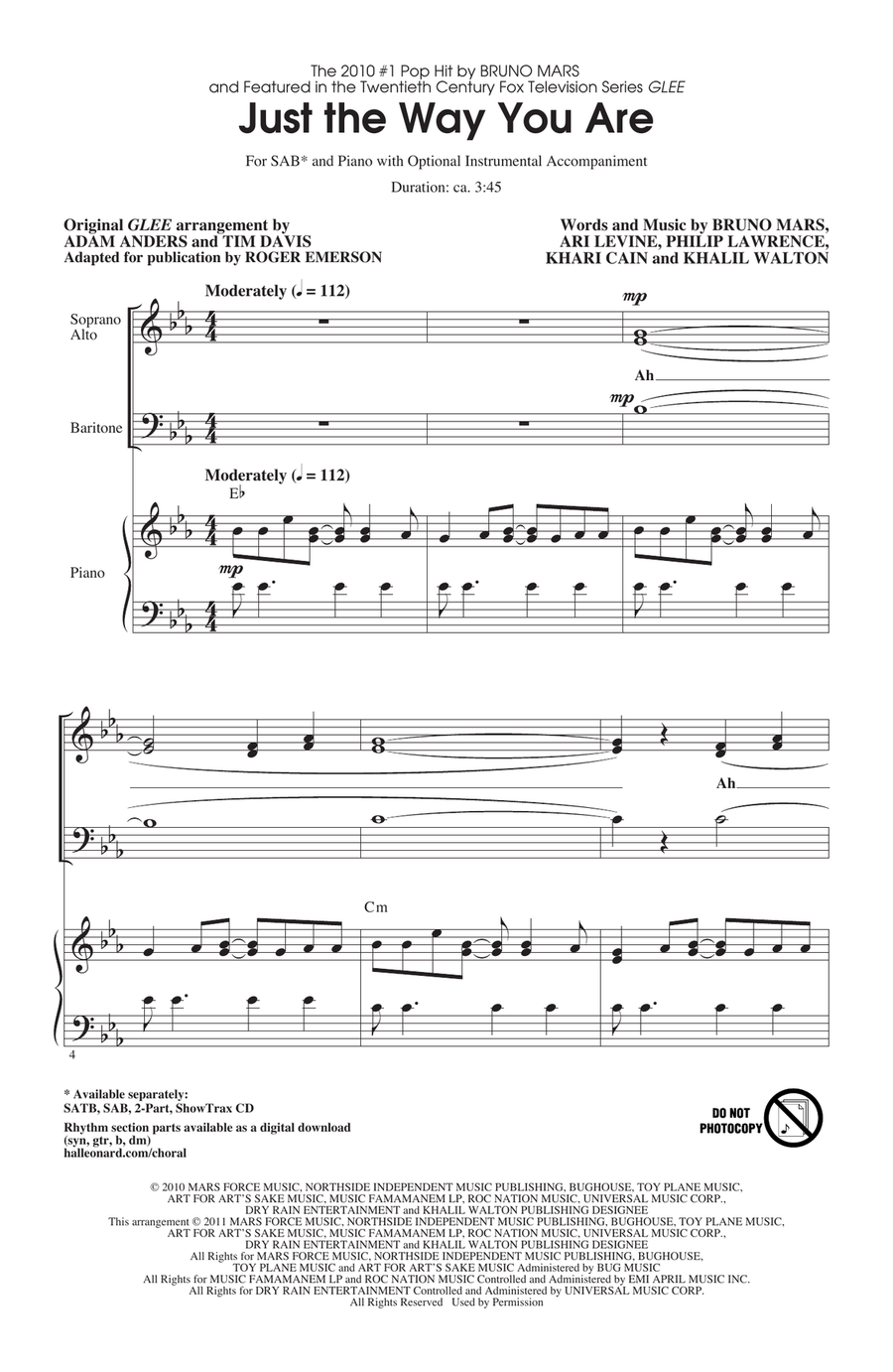 Just The Way You Are (from Glee) (arr. Roger Emerson) 3-Part scores gallery preview page 1