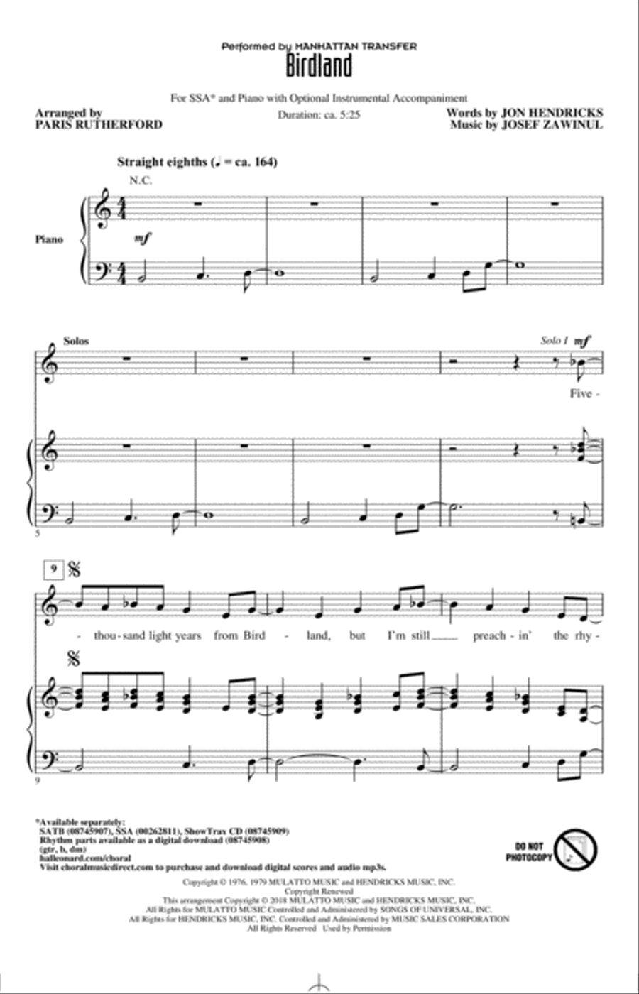 Birdland (arr. Paris Rutherford) SSA scores gallery preview page 1