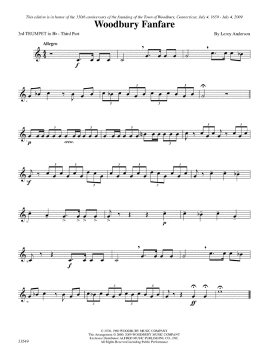 Woodbury Fanfare: 3rd B-flat Trumpet Brass Quartet scores gallery preview page 1