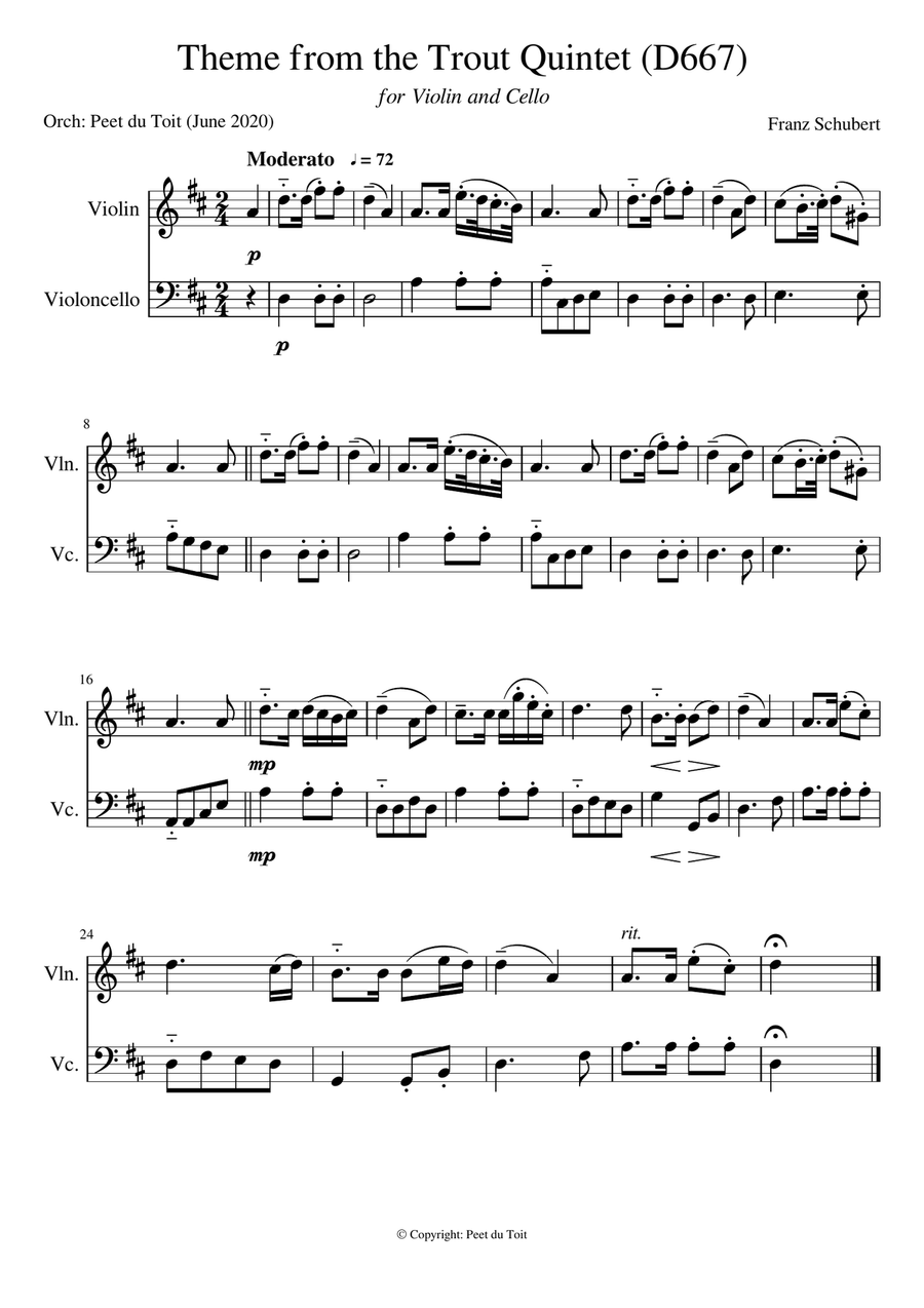 Theme from the Trout Quintet in A (D667) - F Schubert (Violin & Cello) String Duet scores gallery preview page 1