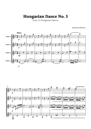 Hungarian Dance No. 5 by Brahms for Violin Quartet