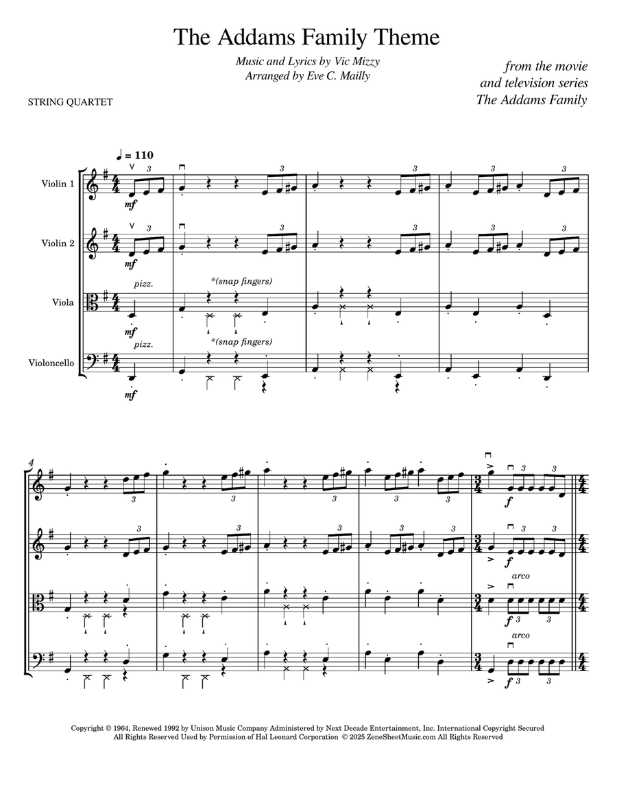 The Addams Family Theme String Quartet scores gallery preview page 1