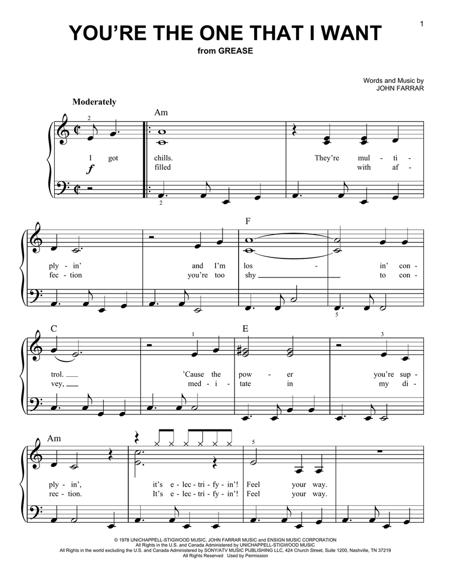 You're The One That I Want Easy Piano scores gallery preview page 1