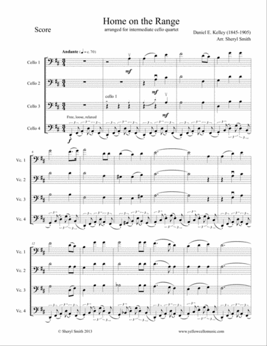 Home on the Range for Intermediate Cello Quartet (four cellos) Cello scores gallery preview page 1