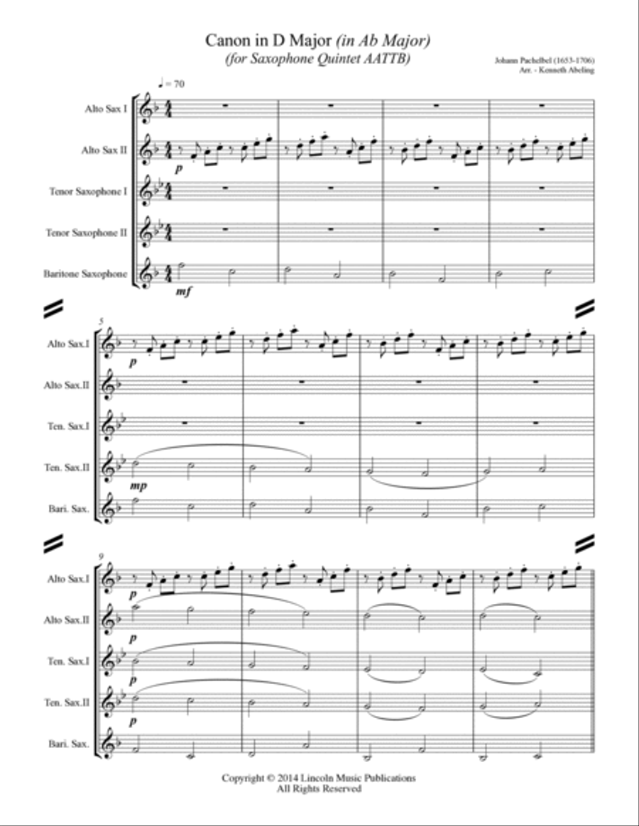Pachelbel - Canon in D Major (for Saxophone Quintet AATTB) Saxophone Quintet scores gallery preview page 2