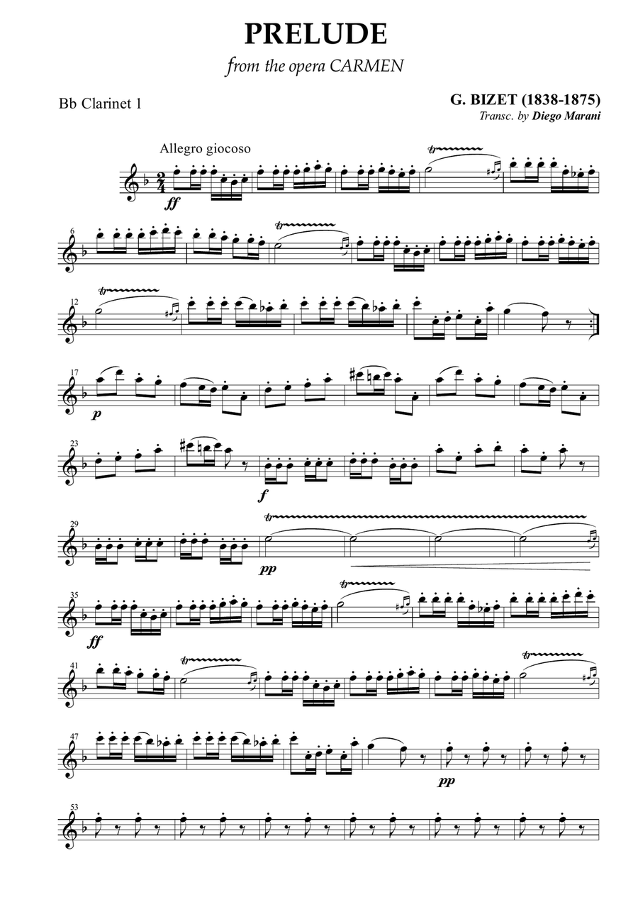 Carmen Overture (Prelude) for Clarinet Quartet Clarinet Quartet scores gallery preview page 1
