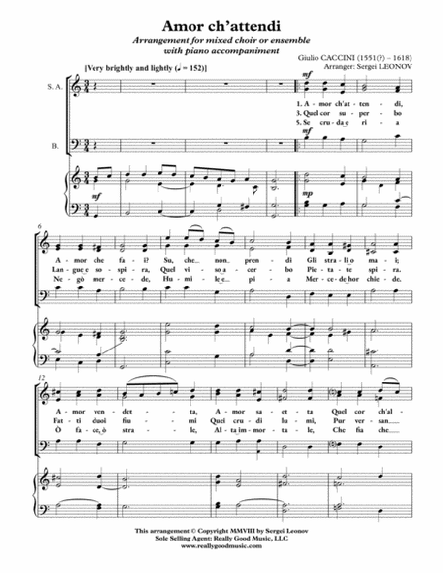 CACCINI Giulio: Amor ch’attendi (SAB choir, piano accompaniment) image number null
