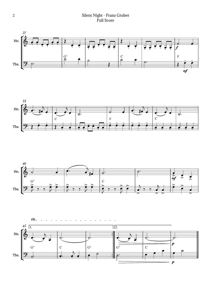Silent Night for French Horn and Tuba Duet Brass Duet scores gallery preview page 2