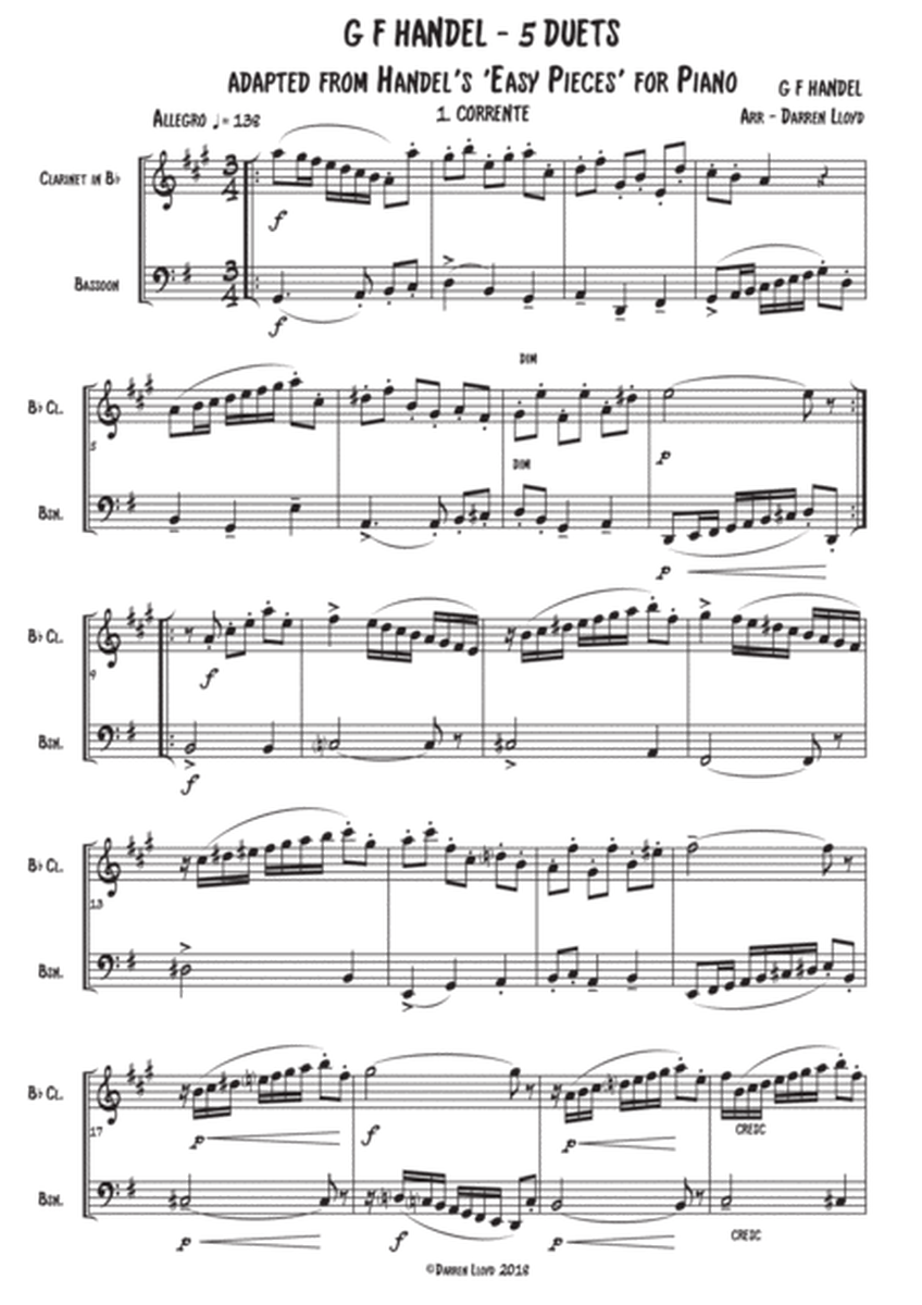 5 duets adapted from Handel's 'Easy Piano Pieces' for Bb Clarinet & Bassoon image number null