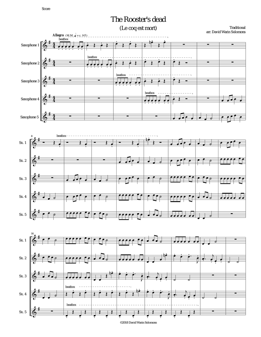 The Rooster's Dead (Le coq est mort) canon for 5 saxophones with beatboxing Saxophone Quintet scores gallery preview page 1