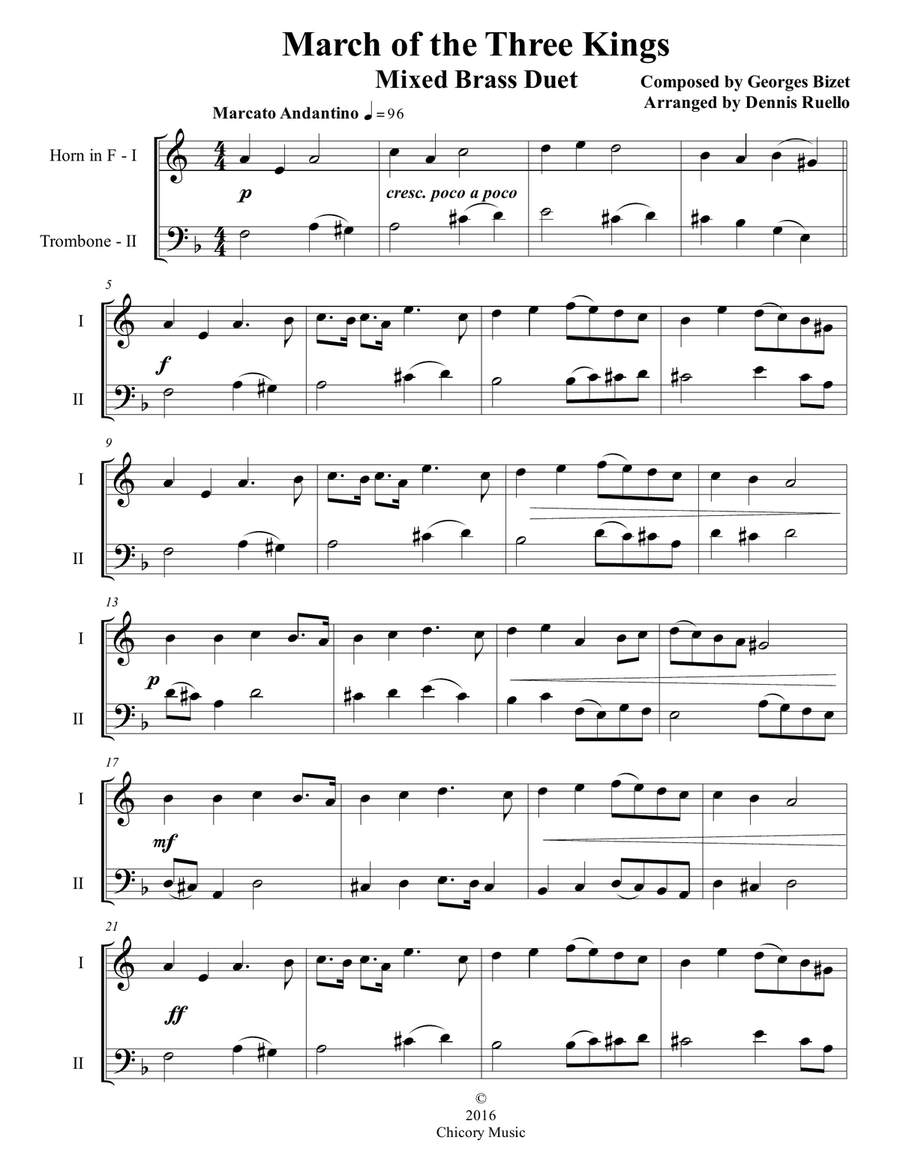 March of the Three Kings - Mixed Brass (Horn in F & Trombone) Duet - Intermediate Brass Duet scores gallery preview page 1