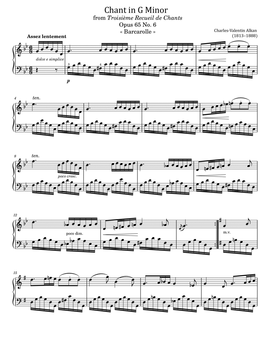 Alkan - Recueil de Chants, in G Minor - Op.65 No.6 Barcarolle - Original For Piano Solo image number null