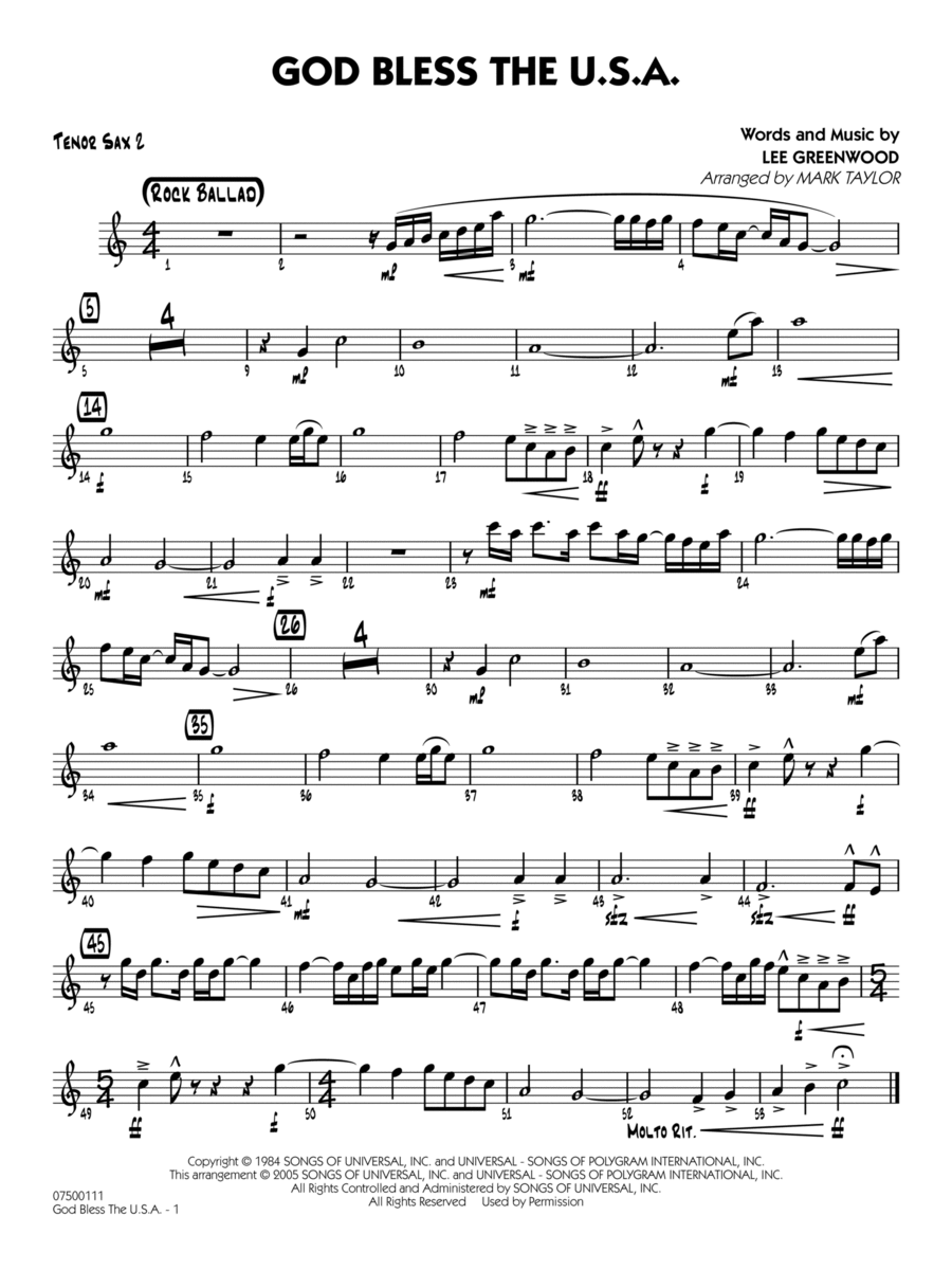 God Bless the U.S.A. (arr. Mark Taylor) - Tenor Sax 2 Jazz Ensemble scores gallery preview page 1
