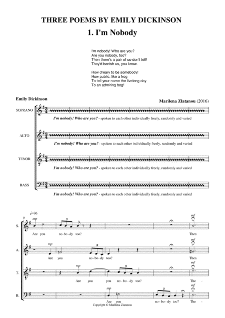 THREE POEMS BY EMILY DICKINSON, for SATB choir a cappella 4-Part scores gallery preview page 1