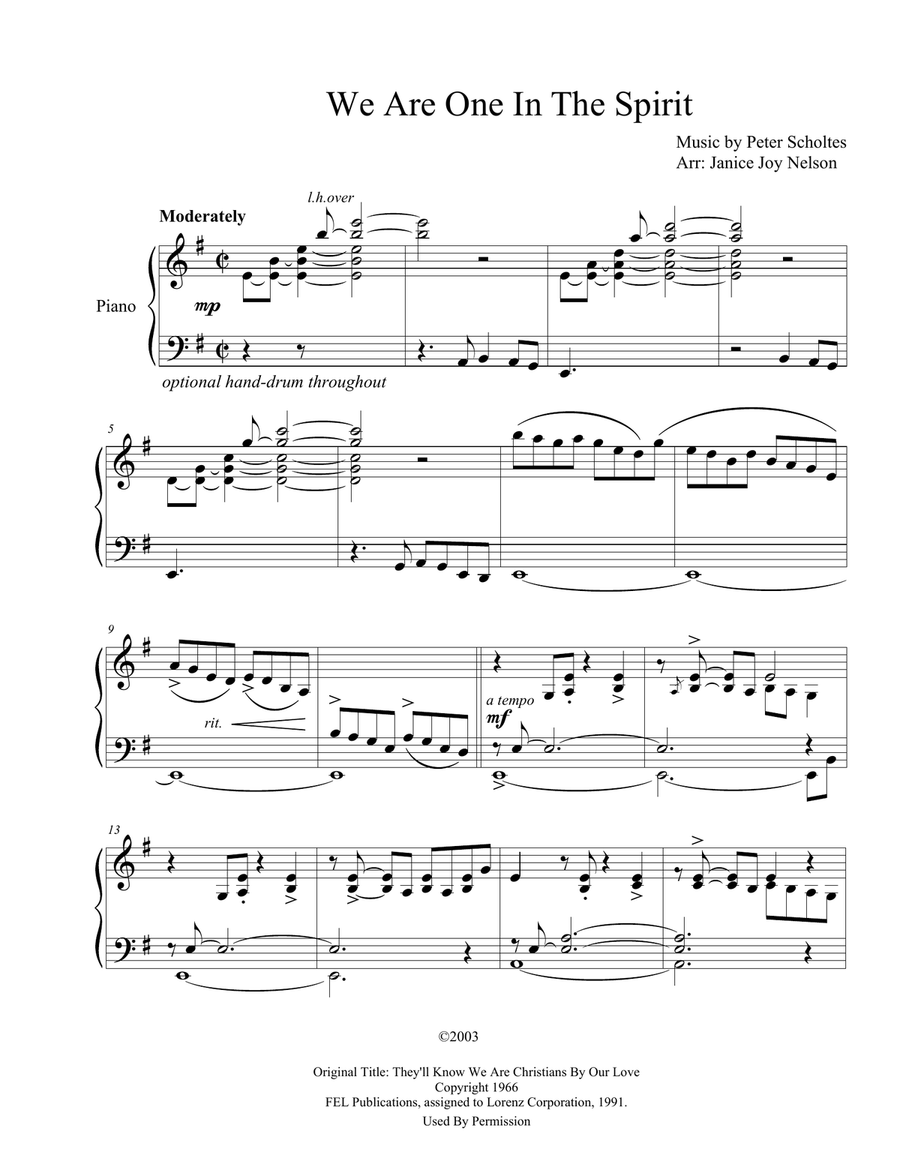 We Are One In The Spirit (They'll Know We Are Christians By Our Love) Piano Solo scores gallery preview page 1