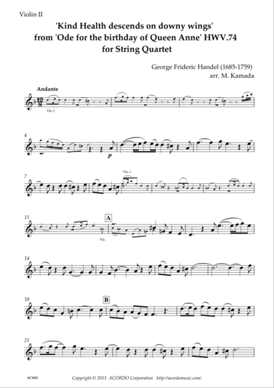 'Kind Health descends on downy wings' from 'Ode for the birthday of Queen Anne' HWV.74 for String Qu String Trio scores gallery preview page 6