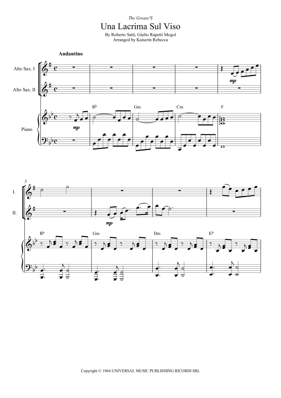 Tears On My Face (lacrima Sul Viso) Woodwind Duet scores gallery preview page 1