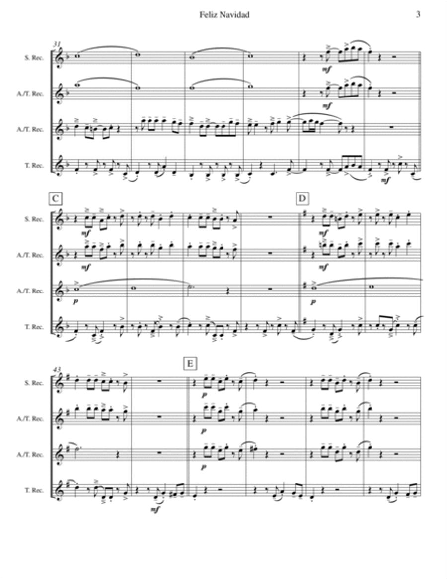 Feliz Navidad Soprano Recorder scores gallery preview page 3