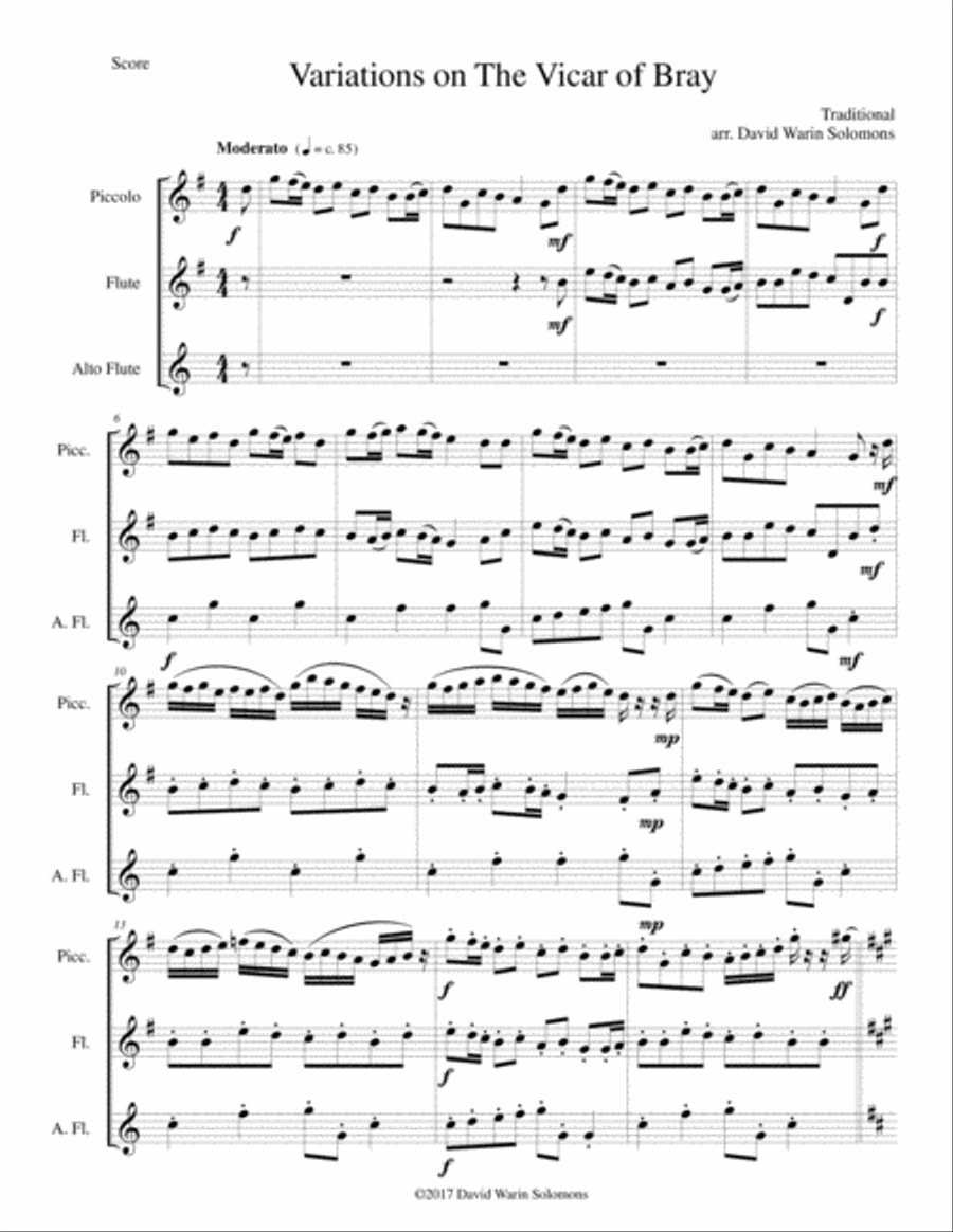 Variations on the Vicar of Bray for flute trio (piccolo, flute and alto flute) Flute Trio scores gallery preview page 1