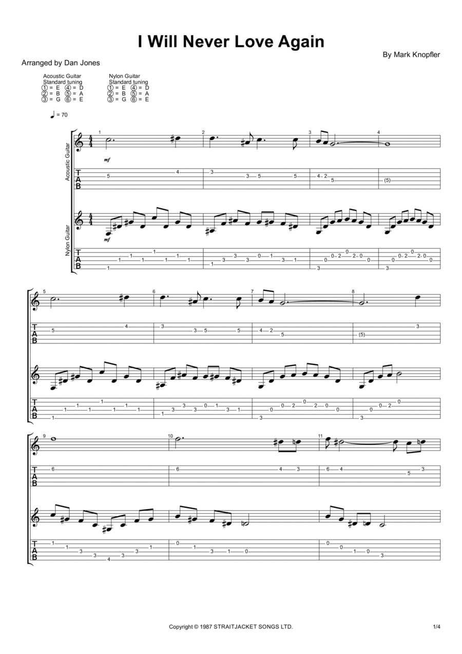 I Will Never Love Again Guitar Tablature scores gallery preview page 1