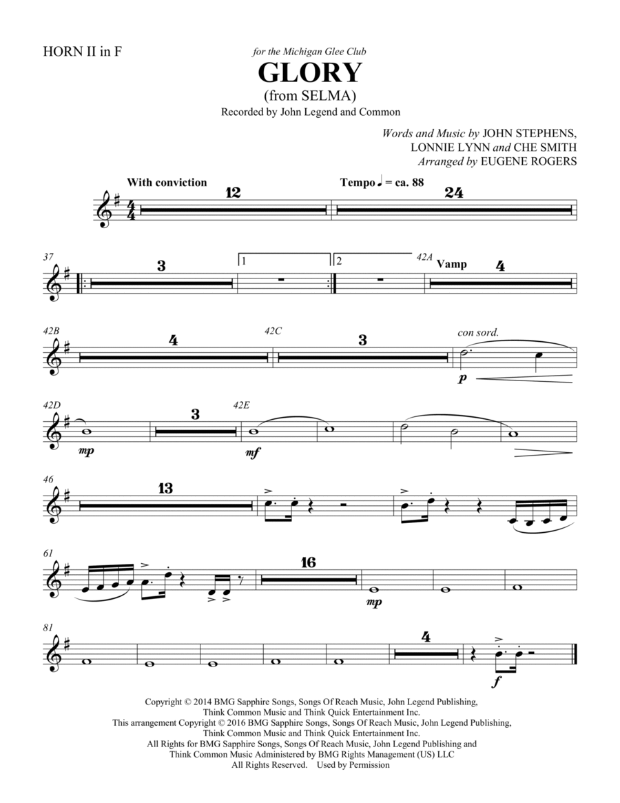 Glory (from Selma) (arr. Eugene Rogers) - Horn 2 in F Choir scores gallery preview page 1