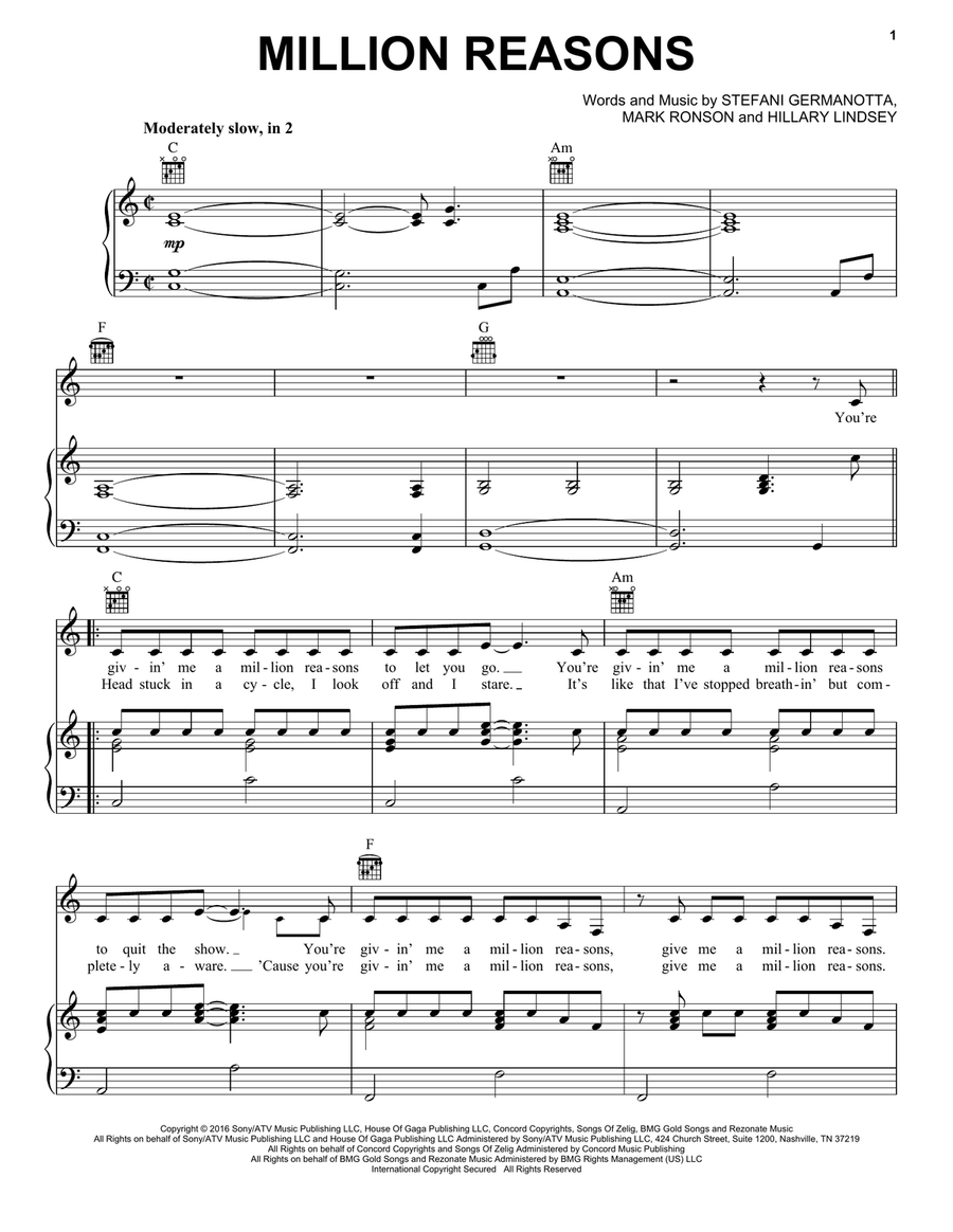 Million Reasons Million Reasons Piano, Vocal, Guitar scores gallery preview page 1