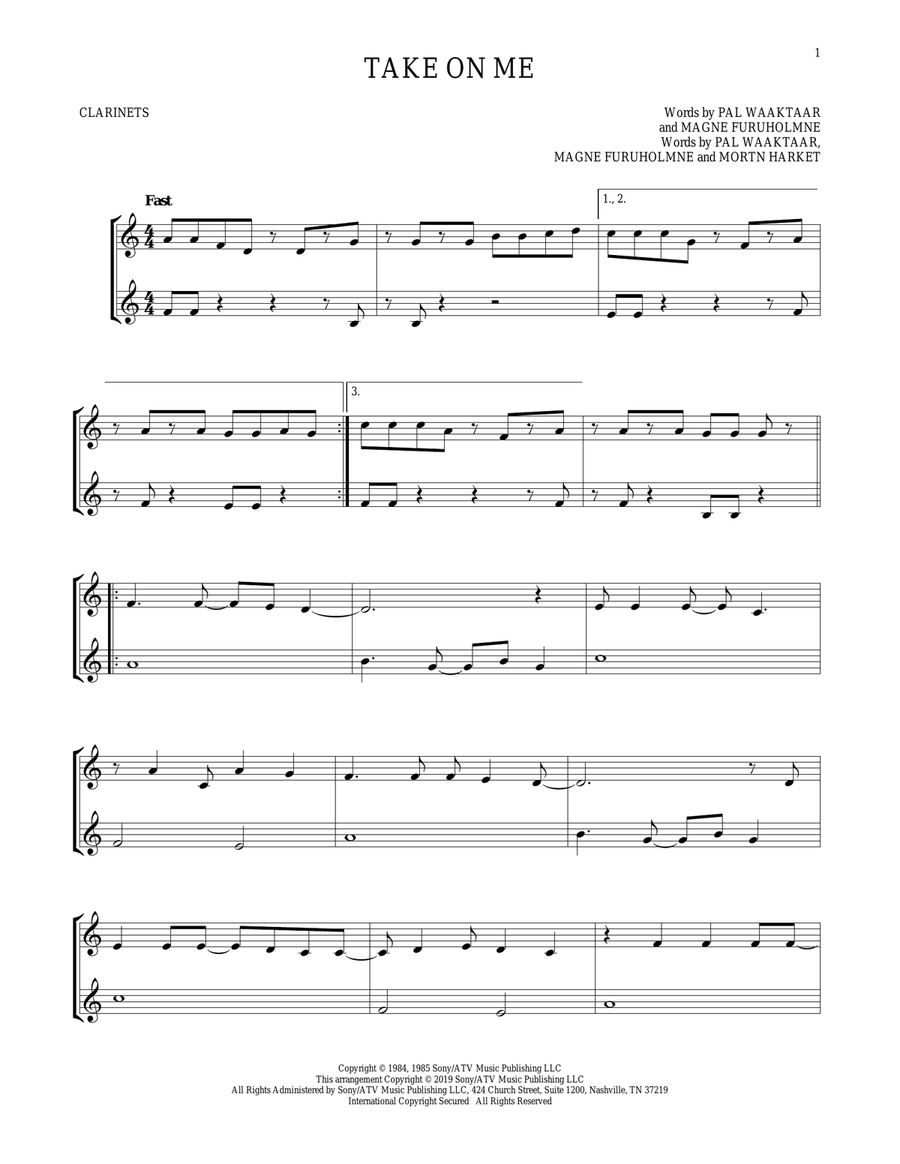 Take On Me Take On Me Clarinet Duet scores gallery preview page 1