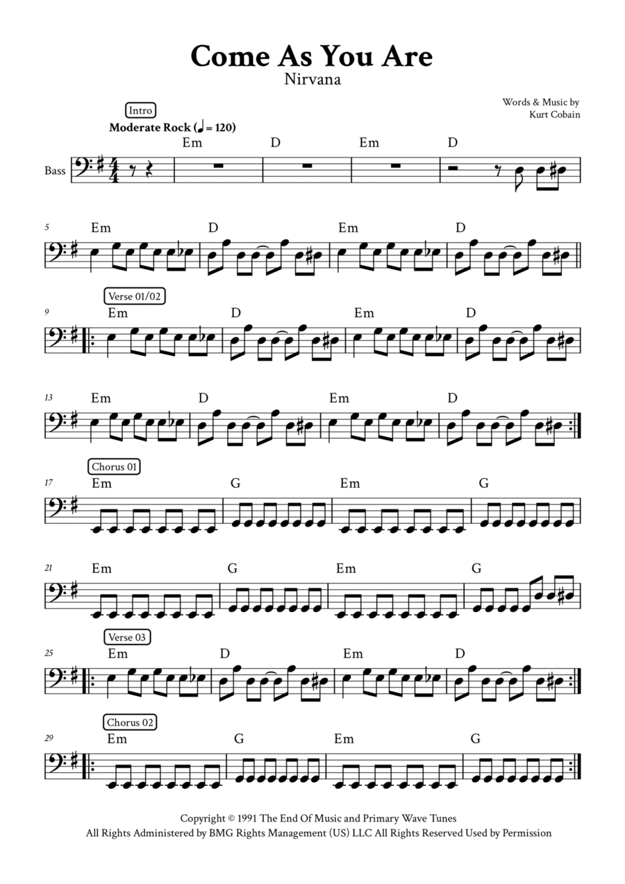 Come As You Are Bass Guitar scores gallery preview page 1