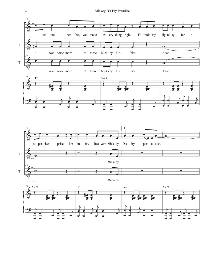 Mickey D's Fry Paradise (Vocal solo with Soprano and Tenor solo) Tenor Voice scores gallery preview page 4