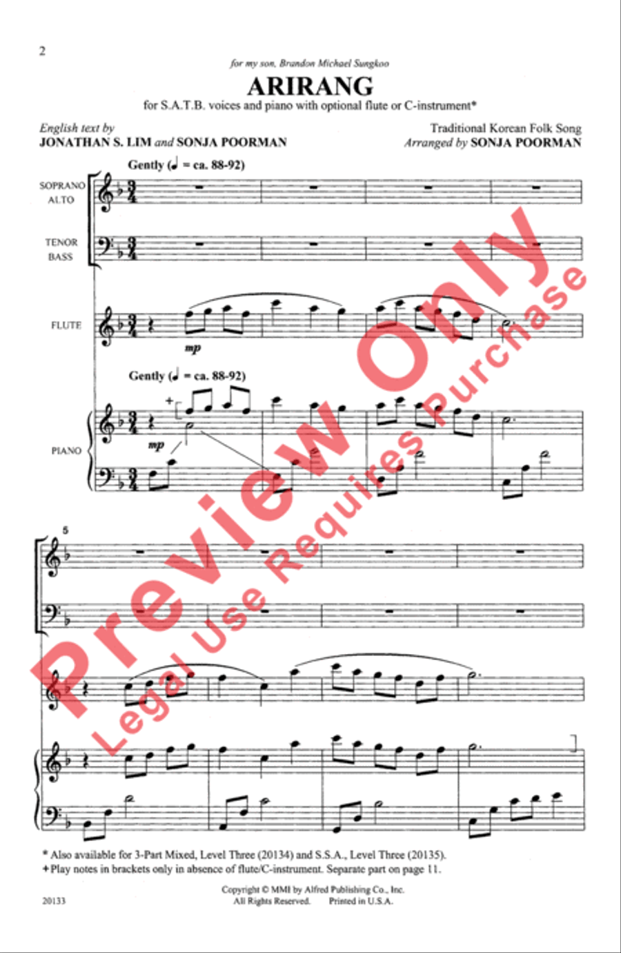 Arirang (Korean Folk Song) 4-Part scores gallery preview page 2