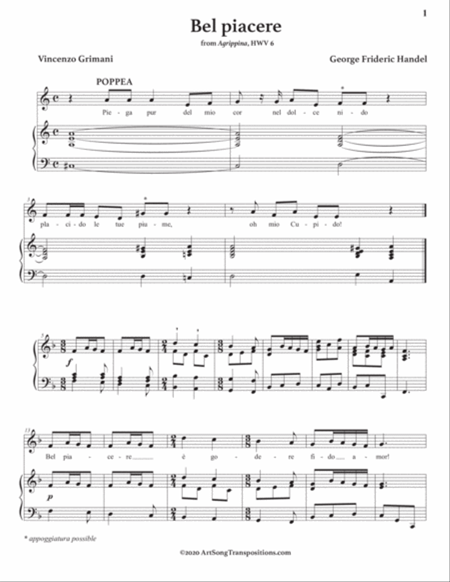 HANDEL: Bel piacere (transposed to F major) Voice scores gallery preview page 2