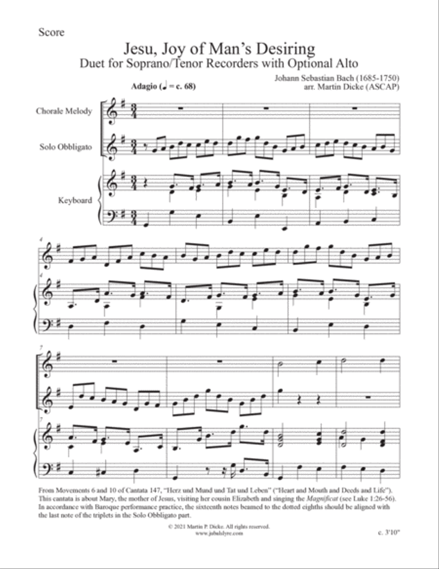 Jesu, Joy of Man's Desiring (Duet for Soprano/Tenor Recorders with Optional Alto) image number null