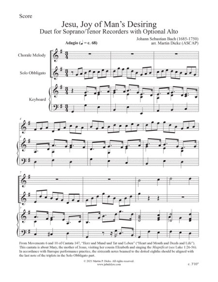 Jesu, Joy of Man's Desiring (Duet for Soprano/Tenor Recorders with Optional Alto) image number null