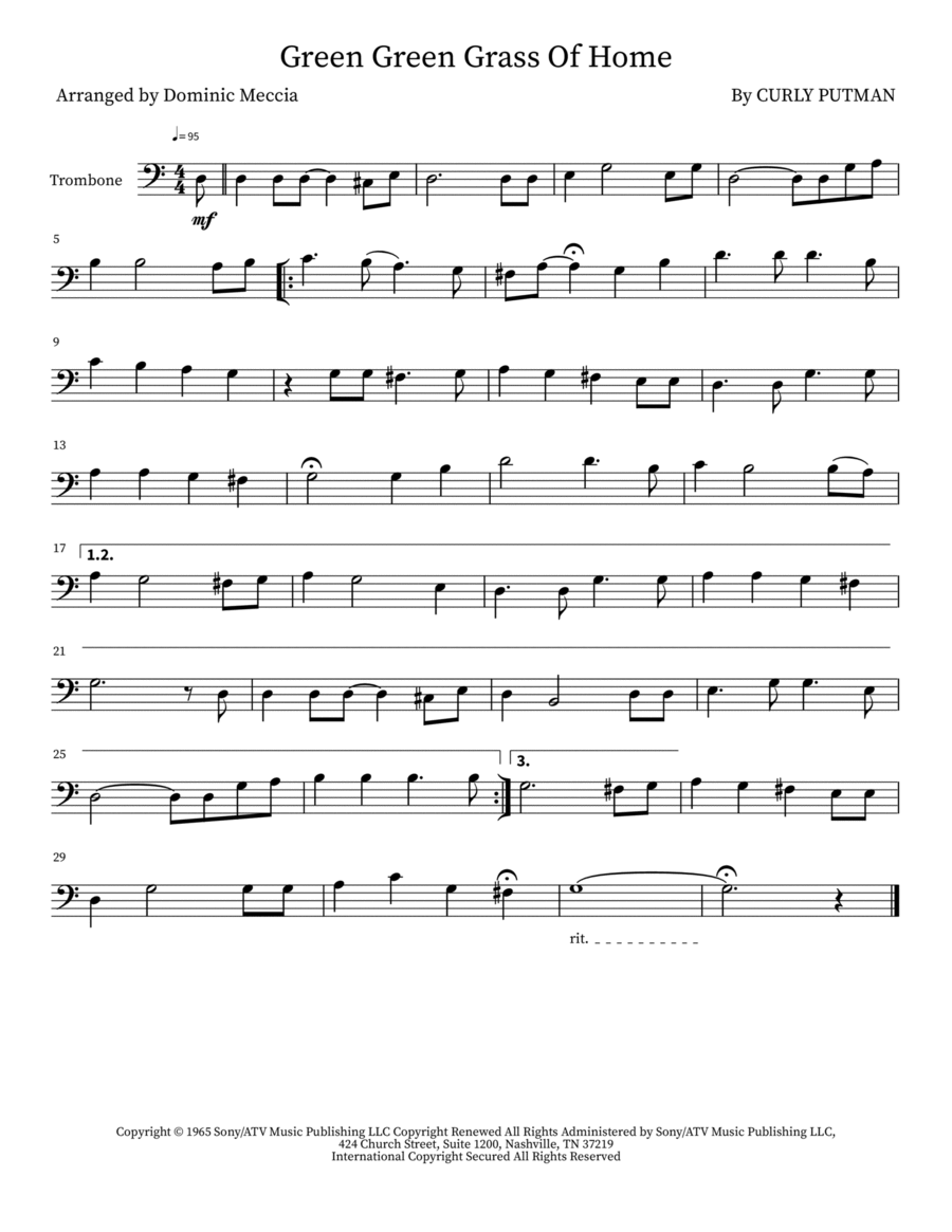 Green Green Grass Of Home Trombone Solo scores gallery preview page 1