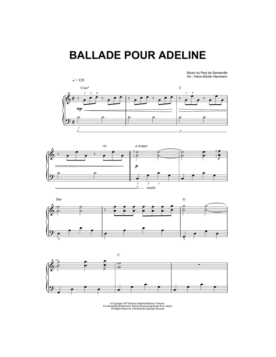 Ballade Pour Adeline (arr. Hans-Gunter Heumann) Piano Solo scores gallery preview page 1