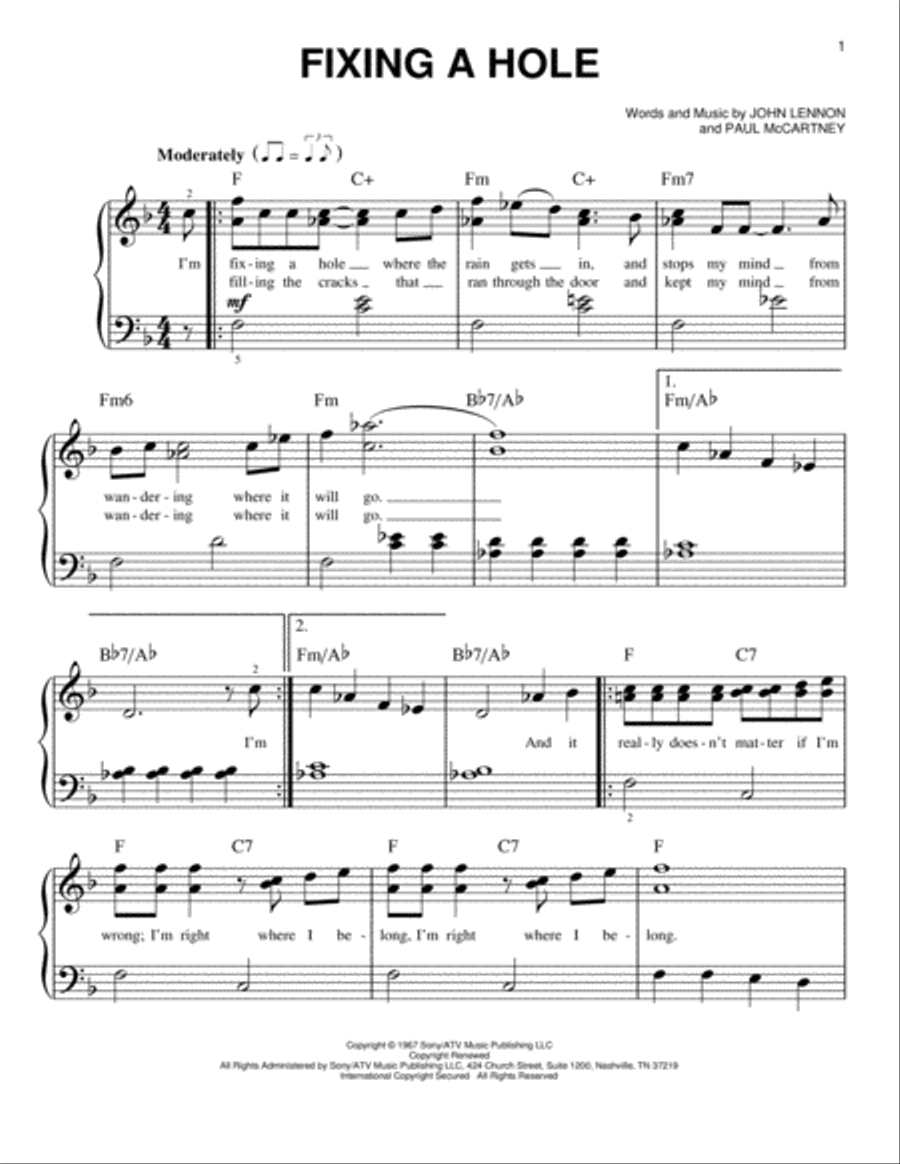 Fixing A Hole Easy Piano scores gallery preview page 1