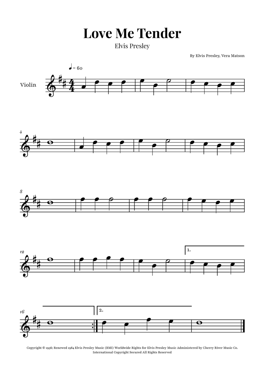 Love Me Tender Violin Solo scores gallery preview page 1